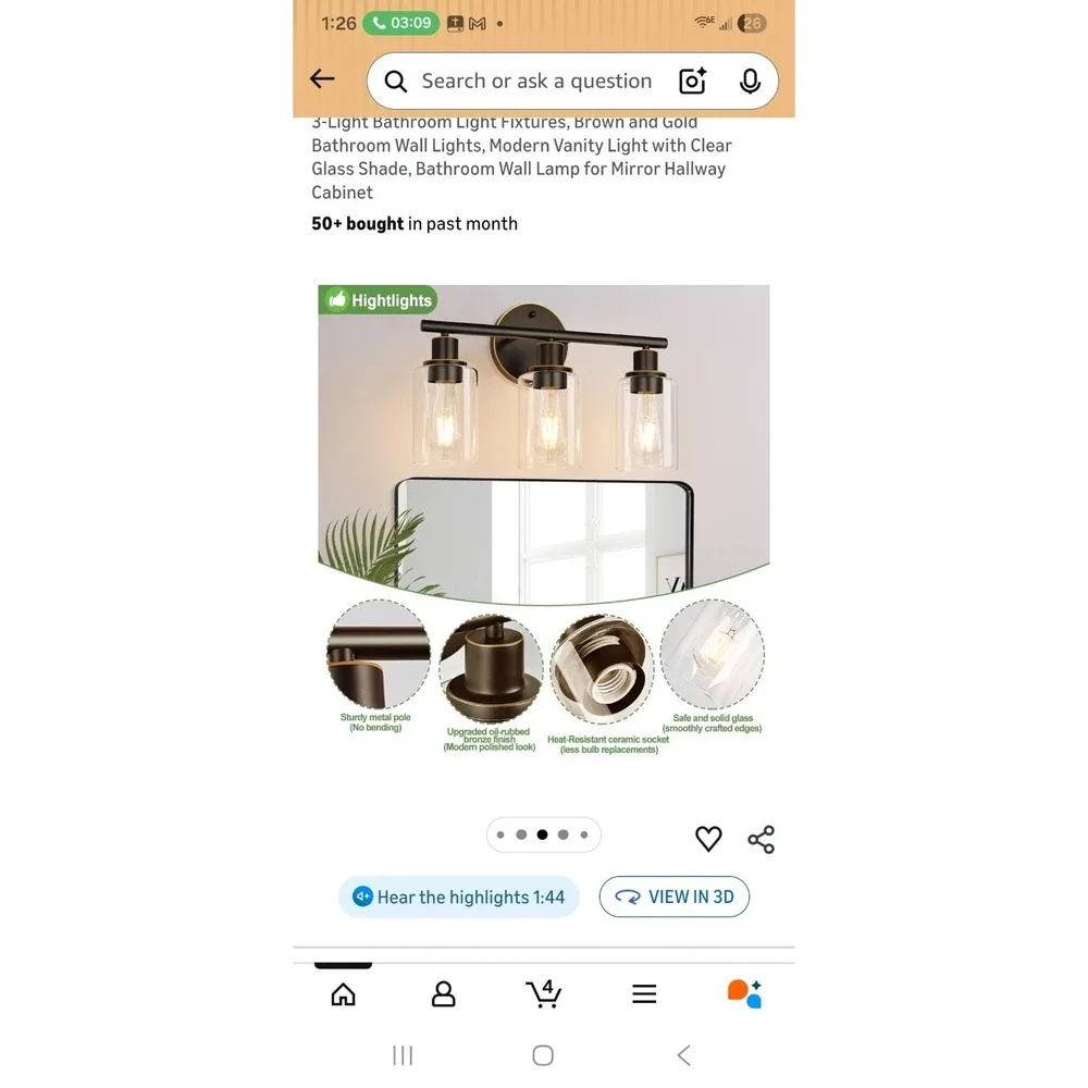 3-Light Bathroom Light Fixtures, Brown and Gold Bathroom Wall Lights, Modern ...